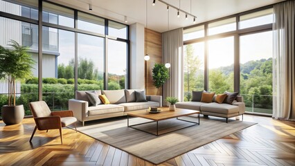 Fototapeta premium Modern bright living room with minimalist furniture and natural light streaming in from large windows