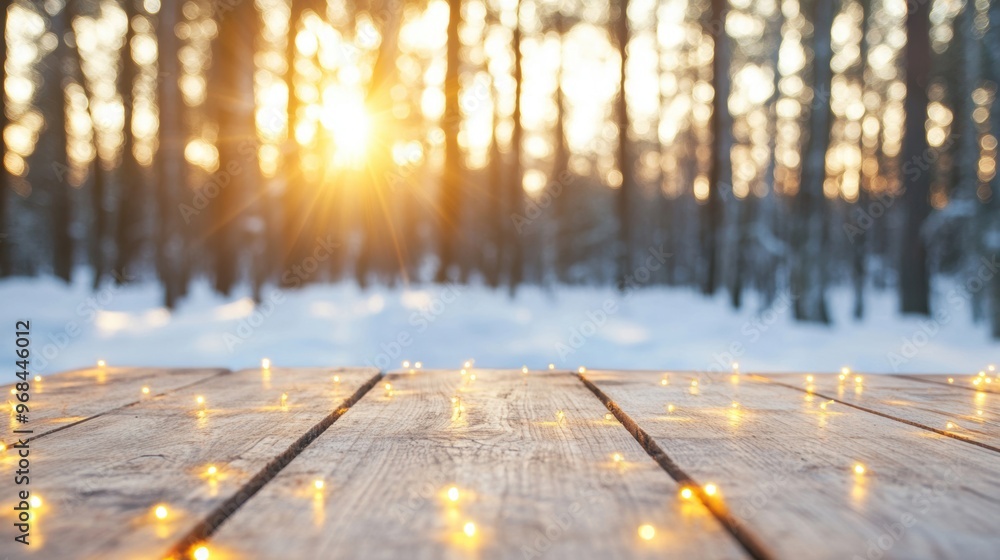Poster soft golden light filters through trees in a snowy forest, illuminating a wooden table adorned with 
