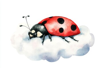 Fototapeta premium A charming watercolor illustration of a ladybug peacefully sleeping on a fluffy white cloud, symbolizing dreams, innocence, nature, peace, and tranquility.