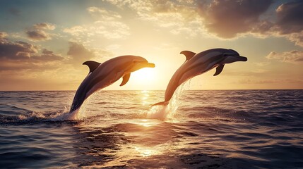 Image of A pair of dolphins leaping together in the ocean at sunrise printed on Printed Aluminium Shower Panels