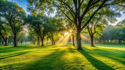 Morning sunlight filtering through trees onto dewy, lush green grass in a park , sunlight, morning, trees, dewy, green grass