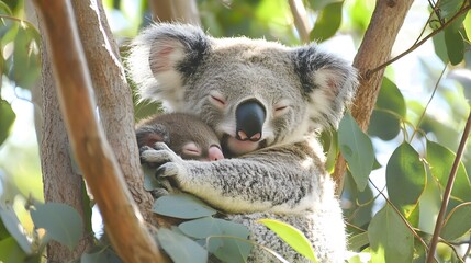 Fototapeta premium A charming koala snuggling up to its mother in a eucalyptus tree