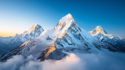 Fototapeta premium Majestic towering snow capped mountain peaks glow under clear blue sky, surrounded by soft clouds, creating breathtaking and serene landscape