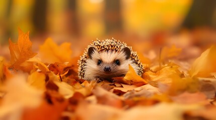 Obraz premium A tiny hedgehog nestled among autumn leaves in a forest clearing