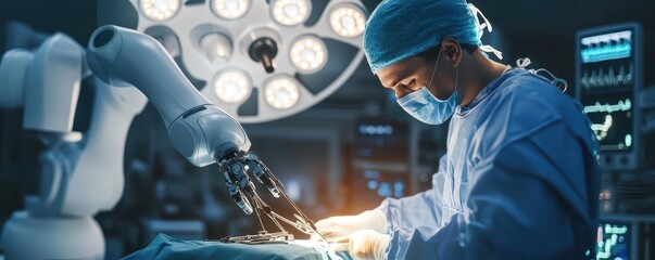 Surgeon utilizing robotic technology in a high-tech operating room, ensuring precision and safety during surgery.