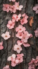 Cherry blossoms on tree bark, detailed close-up. Nature and springtime concept