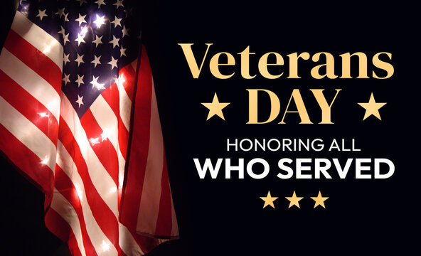 Veterans Day, Honoring all who served patriotic wallpaper with glowing lights behind USA flag and typography on the side. USA veterans day background