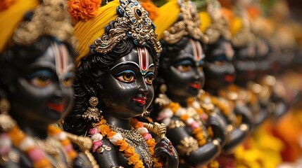 Hindu Deities Statues  Black Krishna Idols  Close Up  Religious Art  India Culture