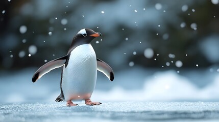 Obraz premium A friendly penguin waddling across the ice with snowflakes falling
