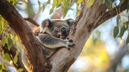 Fototapeta premium A sleepy koala resting in a eucalyptus tree in the Australian outback