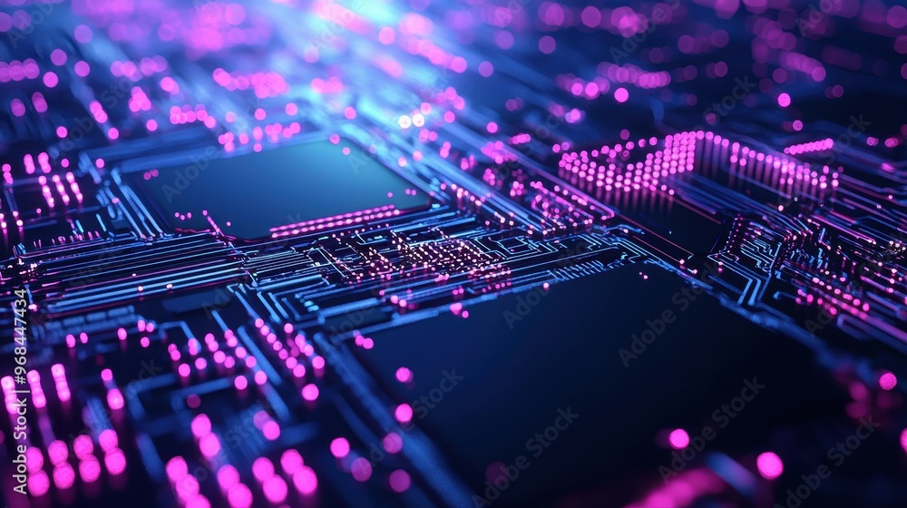 Poster abstract circuit board background with neon lights and bokeh effects