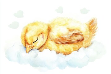 A charming watercolor illustration of a tiny, yellow chick sleeping soundly on a soft, fluffy cloud. It represents innocence, dreams, new beginnings, and the beauty of nature.