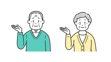 案内をする後期高齢者男女の上半身イラスト