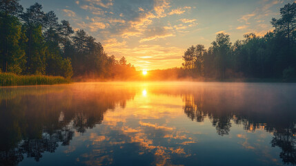 Fototapeta premium A serene sunrise reflected in calm lake, surrounded by lush trees and mist, creating peaceful atmosphere..