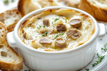A classic French dish, Brandade de Morue, is a creamy dip made with salt cod, potatoes, olive oil, and garlic. It is traditionally served with toasted bread. This version of the dip is made with a hin