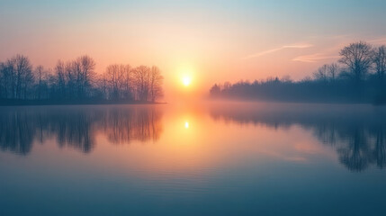 Fototapeta premium A serene sunrise reflected in calm lake, surrounded by trees, creates peaceful atmosphere. soft colors evoke tranquility and beauty..