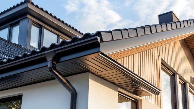 Black Gutters  Wood Siding and Windows on Modern House