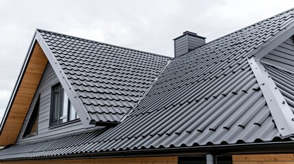Modern House Roof with Grey Metal Tiles and Chimney