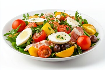 A classic Nicoise salad featuring fresh ingredients like tuna, olives, tomatoes, eggs, and greens. This healthy and flavorful dish is a perfect choice for a light lunch or dinner.