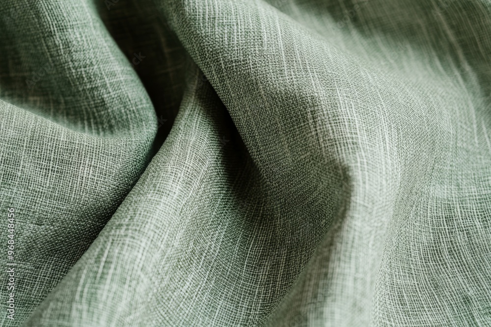 Poster a close-up image of a sage green and white linen fabric with a subtle texture. the fabric is draped 