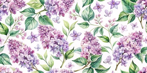 Watercolor seamless pattern with delicate lilac flowers and leaves