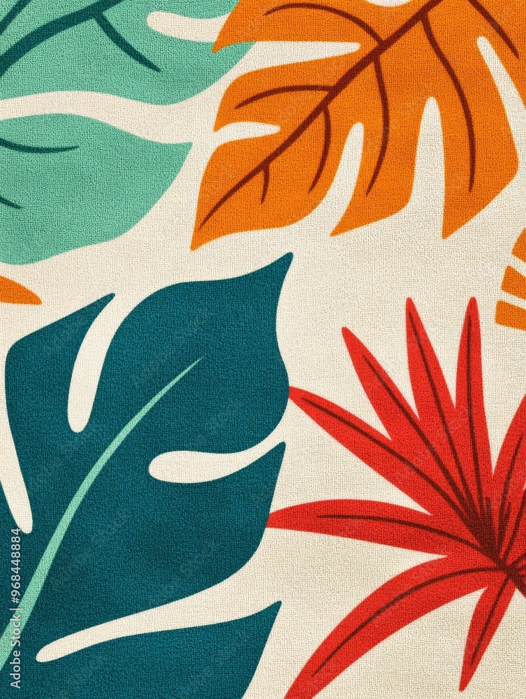 Poster a close-up image showcasing a vibrant tropical leaf pattern with shades of teal, orange, and red. th