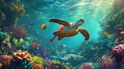 A green sea turtle glides gracefully over a vibrant coral reef teeming with colorful fish in a shallow tropical ocean