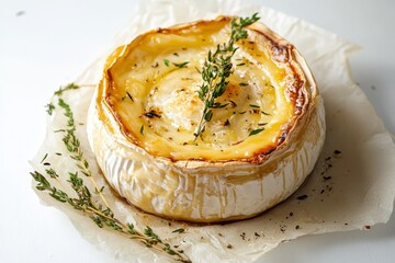 A close-up of a baked Camembert cheese wheel, topped with fresh thyme and pepper, served on a white background. The cheese is oozing and bubbly, creating a mouthwatering image. This photo symbolizes i