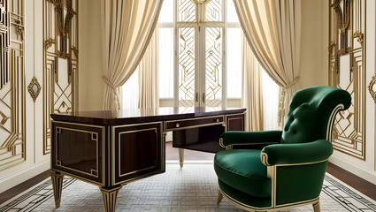 A stylish, art deco-inspired home office with a wooden desk and comfortable, upholstered chair