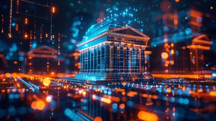 Futuristic Bank Building with Glowing Blue Lines and Abstract Columns Representing Business Innovation