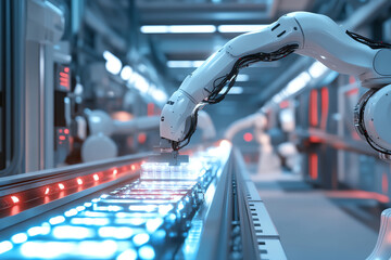 Advanced robotic arm in a modern factory setting, automating production with precision and efficiency, showcasing technology in industry.