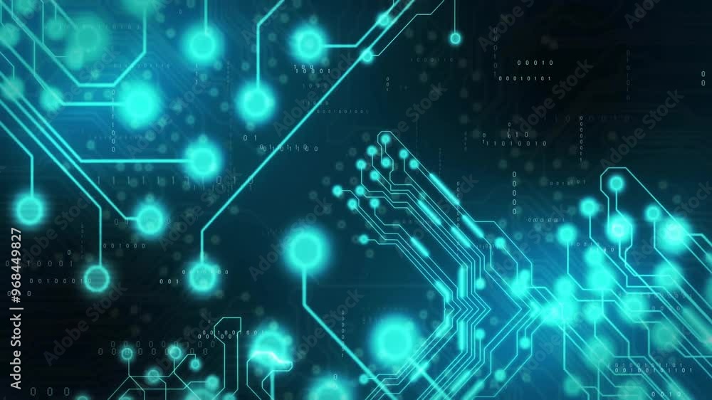 Poster animation of data processing over circuit board on black background