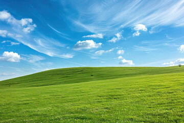 Fototapeta premium Smooth meadow on the hill with blue sky, beautiful landscape