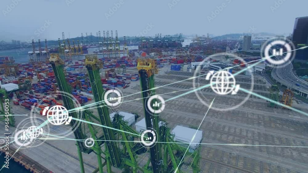 Poster animation of network of connections with globe icons over shipyard