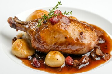 A close-up shot of a perfectly cooked duck confit leg with crispy skin, served on a white plate with roasted potatoes and a rich, flavorful red wine sauce. The dish is garnished with fresh thyme sprig