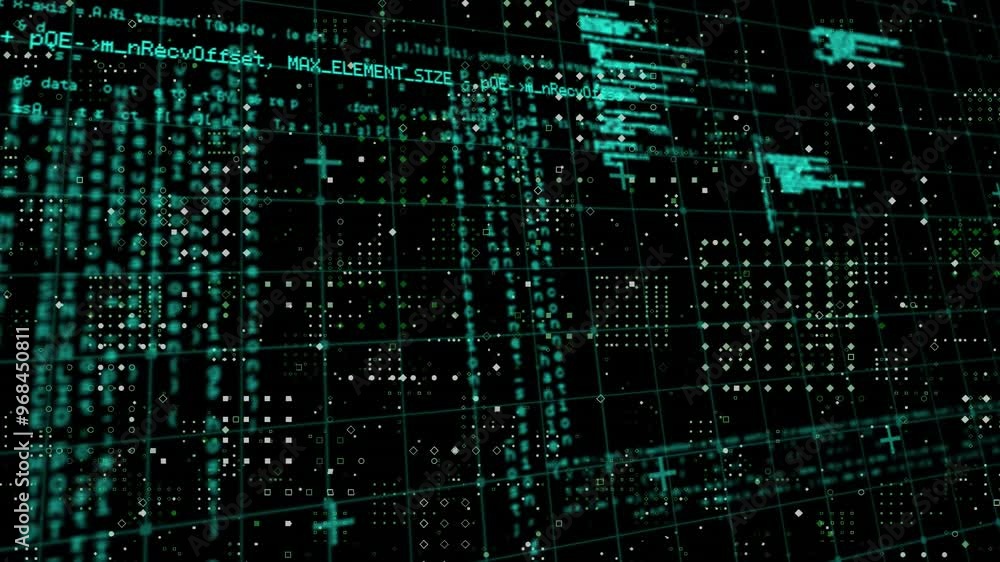 Poster animation of white spots over data processing on black background