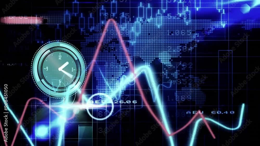 Poster animation of clock and data processing over world map