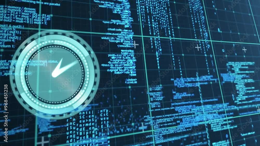 Poster animation of clock and data processing over grids