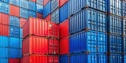 Fototapeta premium Close up of stacked blue and red shipping containers in a port, shipping, containers, blue, red, stacked, port, transportation