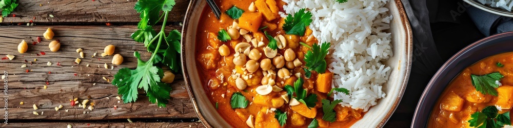 Canvas Prints Vegan curry with cauliflower, chickpeas, and butternut squash, topped with peanuts, served with rice and cilantro.