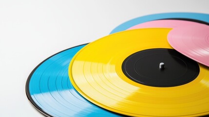 Colorful Vinyl Records Stacked on White Background