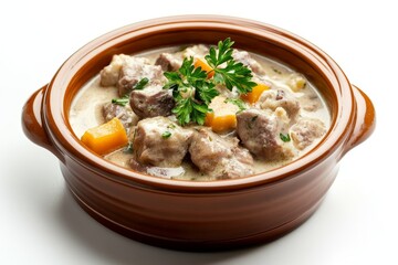 A comforting bowl of Blanquette de Veau, a traditional French stew featuring tender veal, creamy sauce, and carrots.  This dish embodies the essence of French cuisine: simplicity, elegance, and rich f