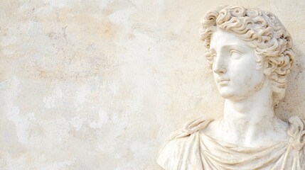 Marble Bust Sculpture of Man with Curly Hair Against a Weathered Wall