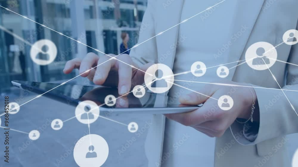 Poster animation of network of connections with globe icons over caucasian man using tablet