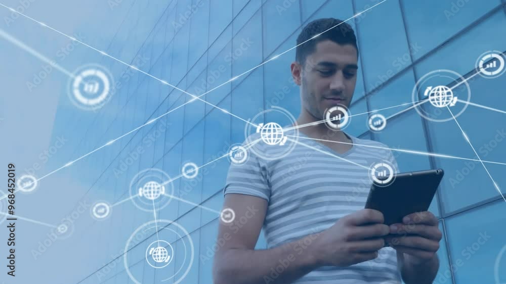 Poster animation of network of connections with globe icons over caucasian man using tablet