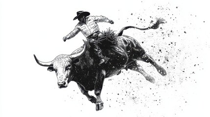 Cowboy Riding a Bull in Rodeo Competition   Black and White Illustration