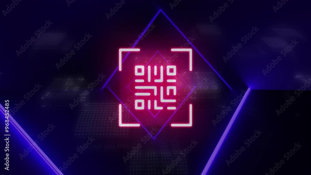Poster animation of qr code and data processing over neon light trails