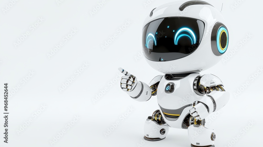 Poster friendly white robot pointing with copy space