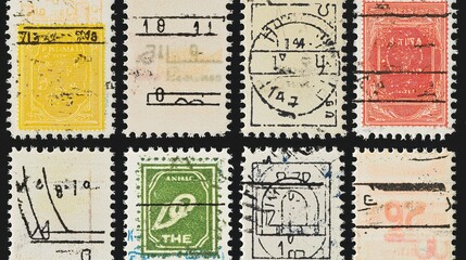 Obraz premium Vintage Postage Stamps Collection Closeup Macro Detail Old Grunge Paper Texture