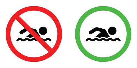 Swimming area and no swimming signs in red and green colors. Swim zone and swimming not allowed vector icon. Prohibition stop sign